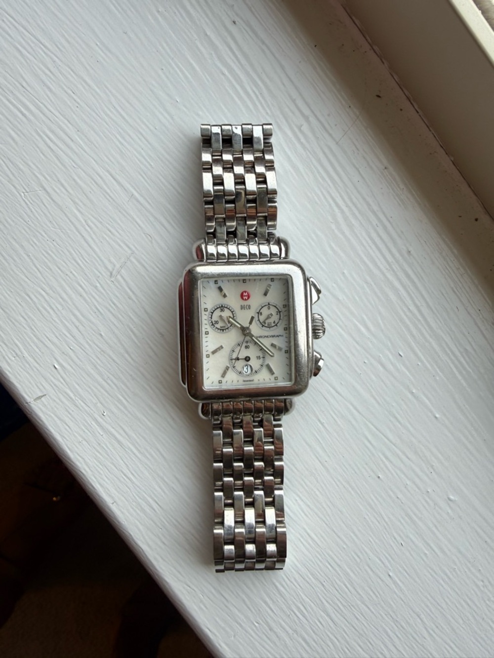 Michele Stainless Steel Silver Chronograph Watch with White Dial